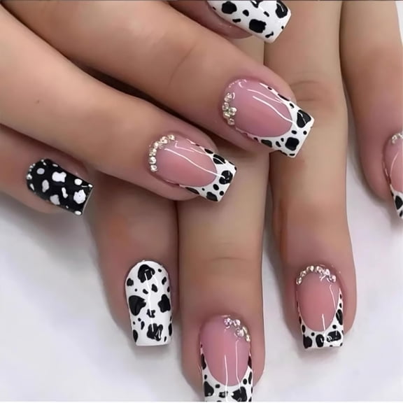 RAGUPEL Cow Press Nails Short Square French Tip Fake Nails Glitter Rhinestones Design Black White False Nails Full Cover Glue Nails Glossy Leopard Acrylic Nails Cute Stick Nails Women
