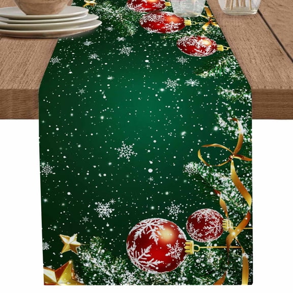 nqOlkjepod Christmas Green Table Runner 90 Inches Long Farmhouse Dress Scarves, Winter Gold Star Red Xmas Balls Snowflake Dining Tablerunner for Coffee Table/Kitchen Island/Party Décor, 13" x 90"
