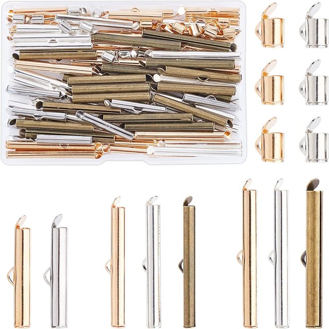 MesaSe 100Pcs 4Style Brass Slide On End Clasp Tubes Slider End Caps Mixed Color 6x6~40x4mm Hole 1x2~3mm