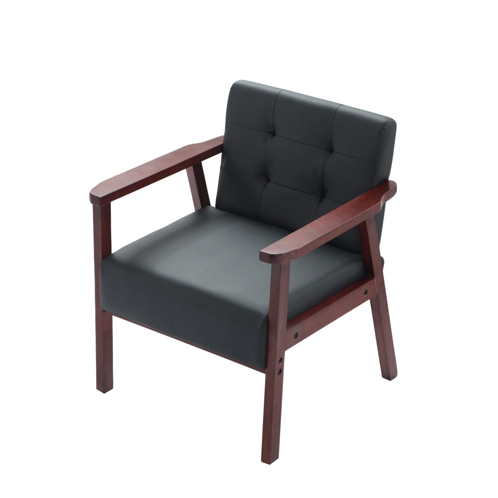DEALTOPS Wood Accent Armchair, PU Upholstered Tufted Chair for Living Room Bedroom Office, Black