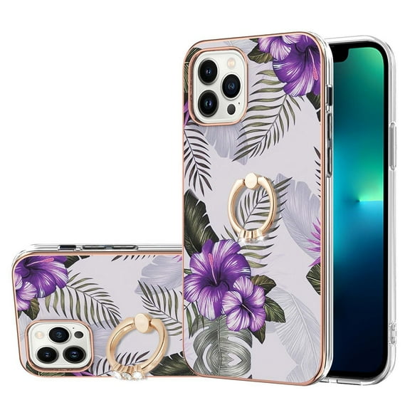 SaniMore for Apple iPhone 14 Pro Max Case 6.7-inch, Shockproof TPU Fashion Marble Pattern Cover for iPhone 14 Pro Max Women Men with Ring Kickstand Holder Clear Bumper Protection Cover, Purple
