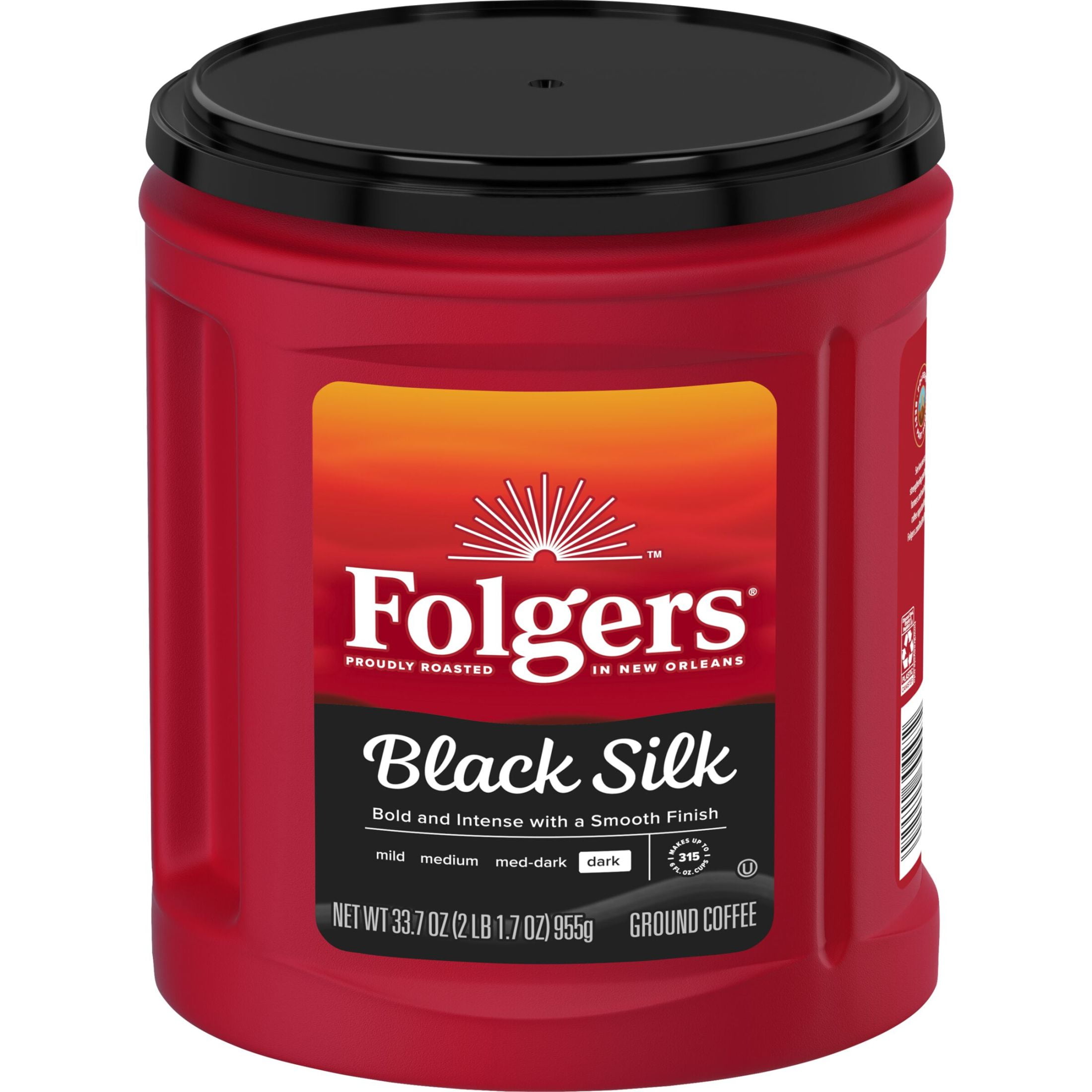 (6 pack) Folgers Black Silk Ground Coffee, Smooth Dark Roast Coffee, 33.7oz Canister