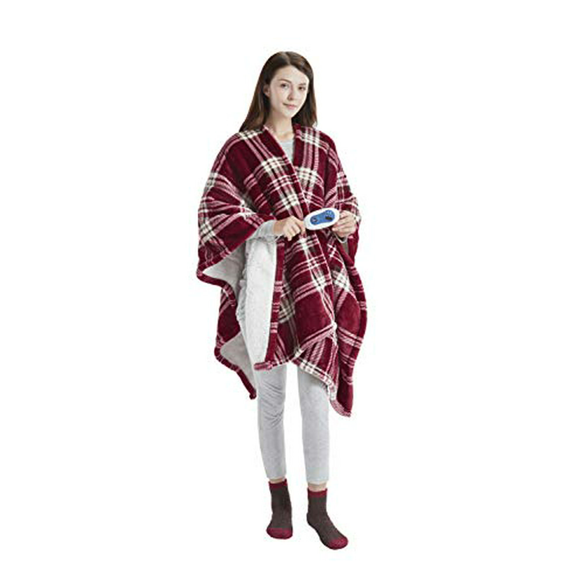 Comfort Spaces Plush to Sherpa 2 Piece Electric Wrap Blanket and Socks Set Ultra Soft Warm Reversible Heated Poncho Throw Plaid Red Walmart