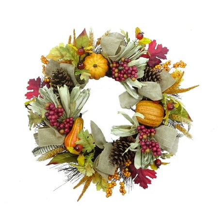 Harvest Collection Pumpkins and Burlap Bows Wreath