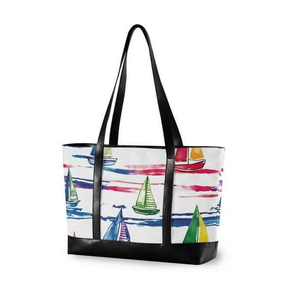 FORMRS Canvas Laptop Tote Bag for Women with 15.6" Computer Compartments Shoulder Handbag, Hand Drawn Sailboats