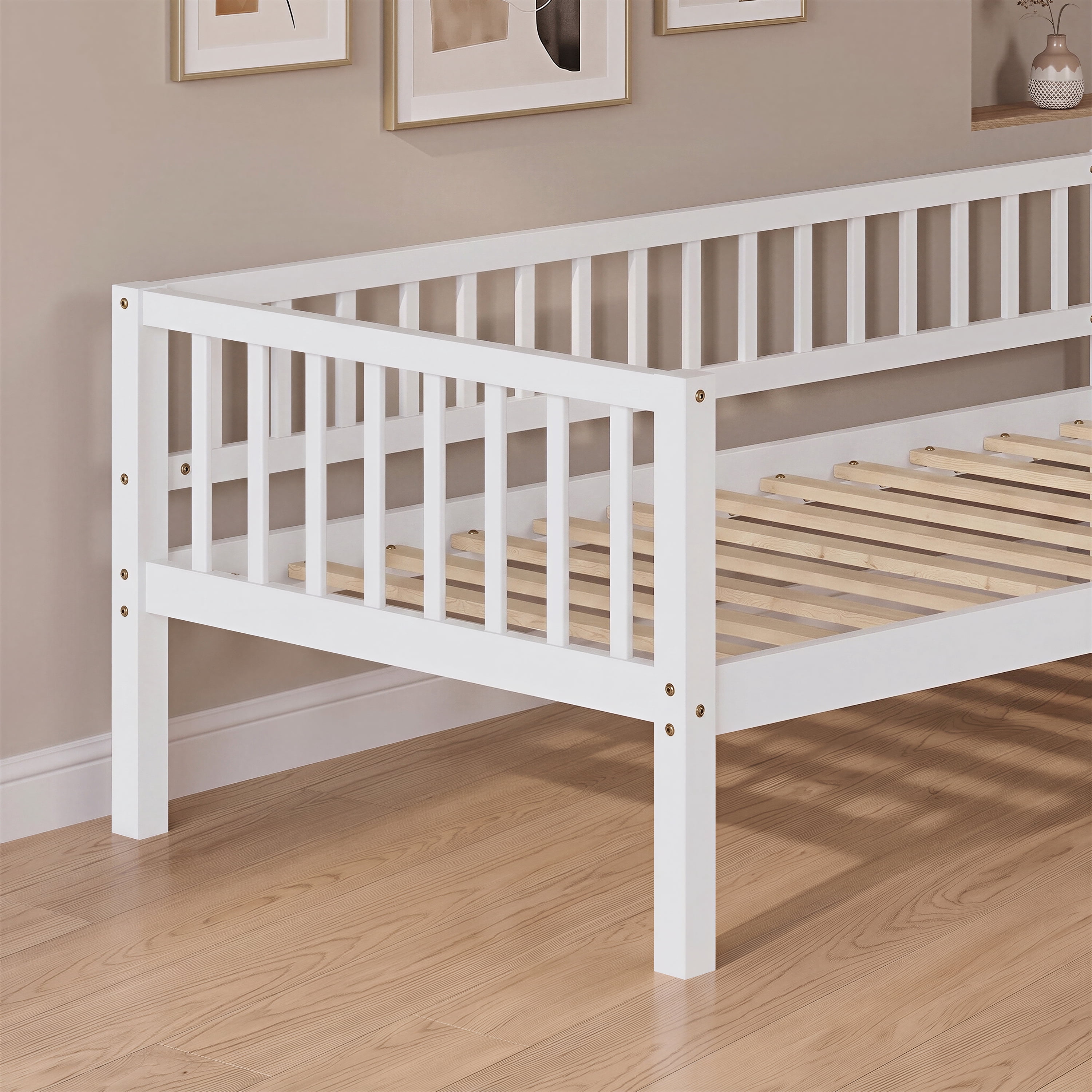 GARITIN Twin Size Daybed, 3-Sided Vertical Slat Guardrail Bed Frame, Breathable Wooden Slat Support Leisure Bed for Kids Bedroom Guest Room, White