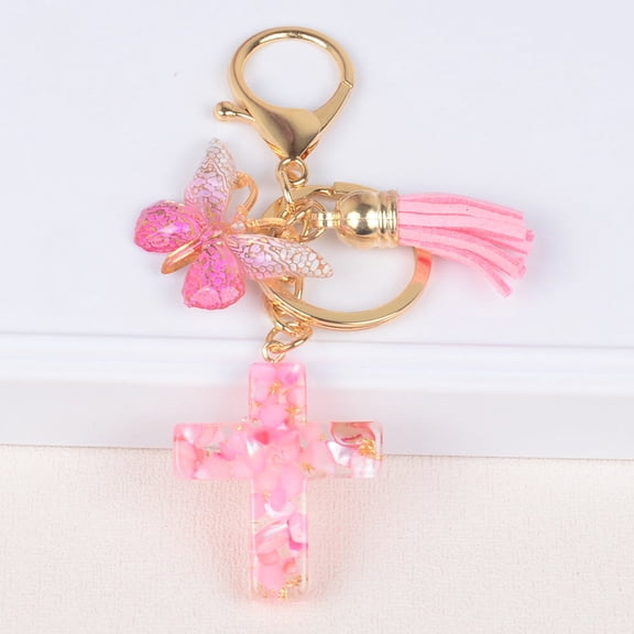 Epoxy Alloy Tassel Butterfly Stone Cross Keychain with Crown and Roman Numeral Patterns