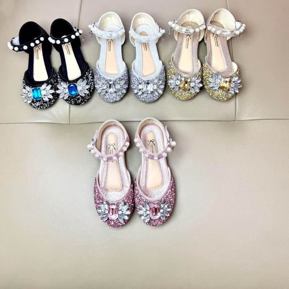 RKSTN Toddler Girl Sandals Shiny Rhinestone Round Toe Covered Toe Covered Heel Pu Leather Shoes Soft Sole Summer Dress Sandals with Pearl Adjustable Strap 3 Months-14 Years