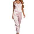 thumbnail image 2 of Satin Pajamas Women 2PC Set- Lace Pants Nightdress with Pocket Halter V Neck Sleepwear, 2 of 9