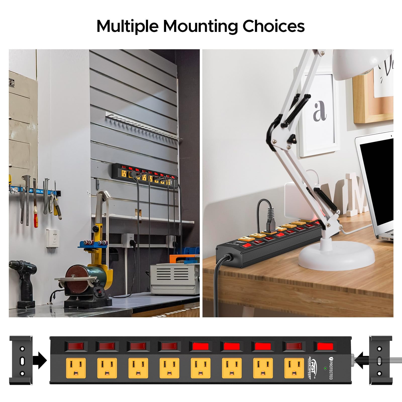 CRST 8 Outlet Heavy Duty Power Strip with Individual Switches, 15A/ 1875W Metal Power Strip Surge Protector with Circuit Breaker (1200 Joules), 6FT 14AWG Extension Cord and Mounting Bracket
