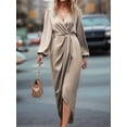 thumbnail image 4 of Womens Long Sleeve V-Neck Tie Waist Split Formal Cocktail Wedding Guest Dresses Champagne Color XL, 4 of 9