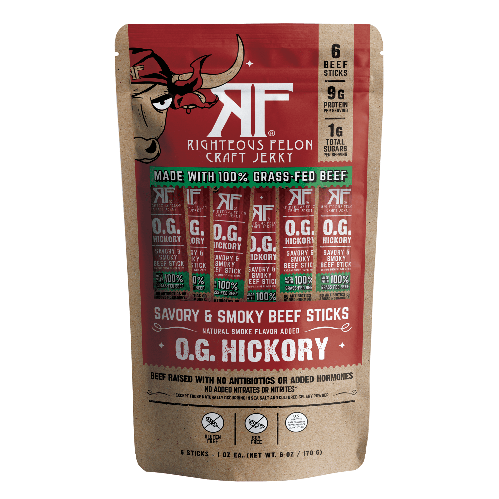 Righteous Felon Grass-Fed Meat Sticks - Low Sugar, High Protein Beef - OG Hickory, 6 pack