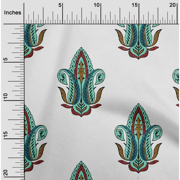oneOone Georgette Viscose White Fabric Leaves & Paisley Block Sewing Material Print Fabric By The Yard 42 Inch Wide