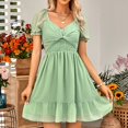 thumbnail image 2 of B91xZ Robe Décontractée pour Femmes Dresses à Manches Courtes, Col en V, Taille Haute, Tricot Côtelé, Plissée, Ligne A, Vert, S, 2 of 5