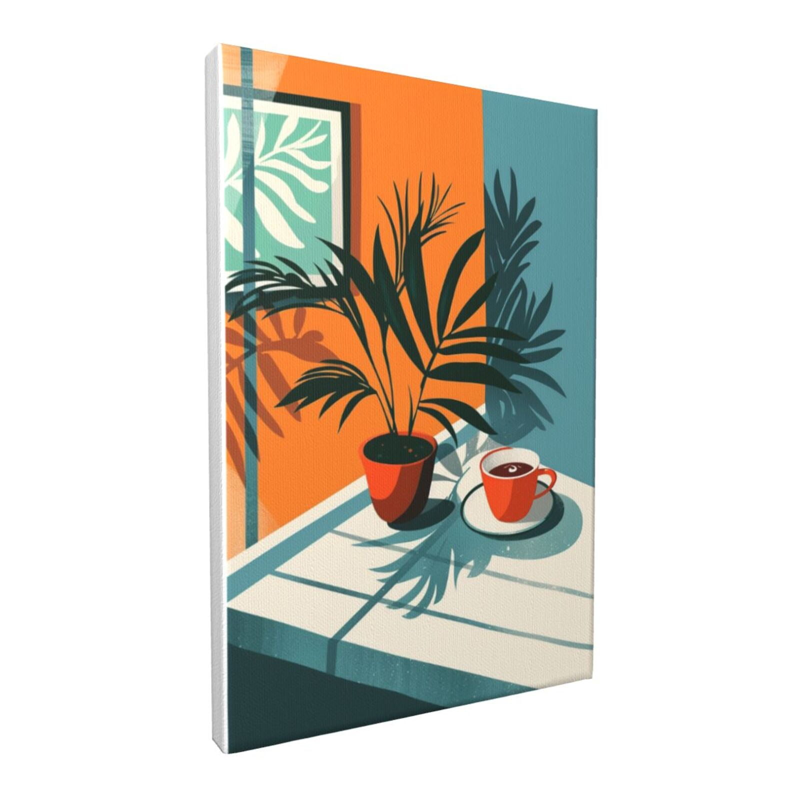 12x18 inch Frameless Canvas Painting Coffee Cup & Potted Plant,Cafes Decor Accessory,Office,Study,Cafes Wall Art Decor Paintings Canvas,Exquisite Coffee Cup & Potted Plant Decor Posters Gift