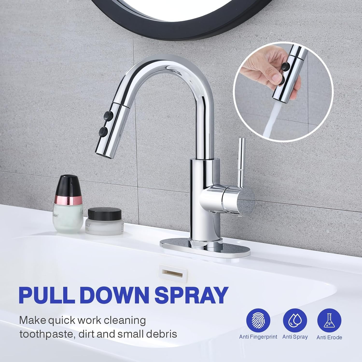 Bathroom Sink Faucet with Pull Down Sprayer, Chrome Single Handle Pull Out Faucet with Pop-Up Drain, 1 or 3 Hole Laundry Bar Basin Faucet with Deck Plate
