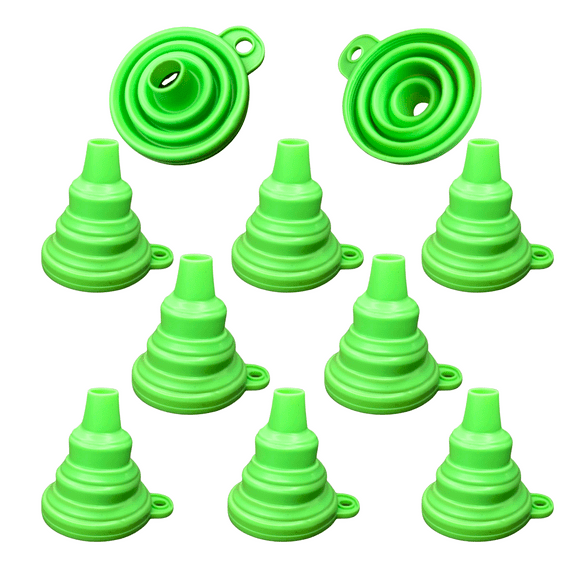 Dauntless 10-Piece Green Funnel Set - Premium Food-Grade Silicone, Collapsible Design for Easy Storage, Ideal for Kitchen Use, Filling Bottles, Cooking, and Transferring Water or Powders.