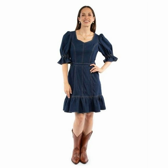 Scully HC973-DEN-L Western Dress Womens Short Sleeve Knee Length Ruffle, Denim - Large