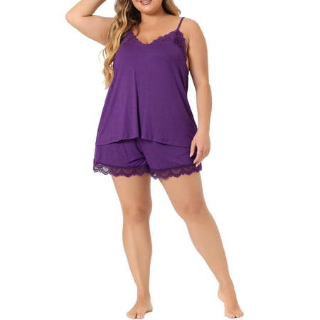 Agnes Orinda Plus Size Sleepwear for Women Pajamas Lingerie Lace Cami Shorts Set Nightwear 3X Purple