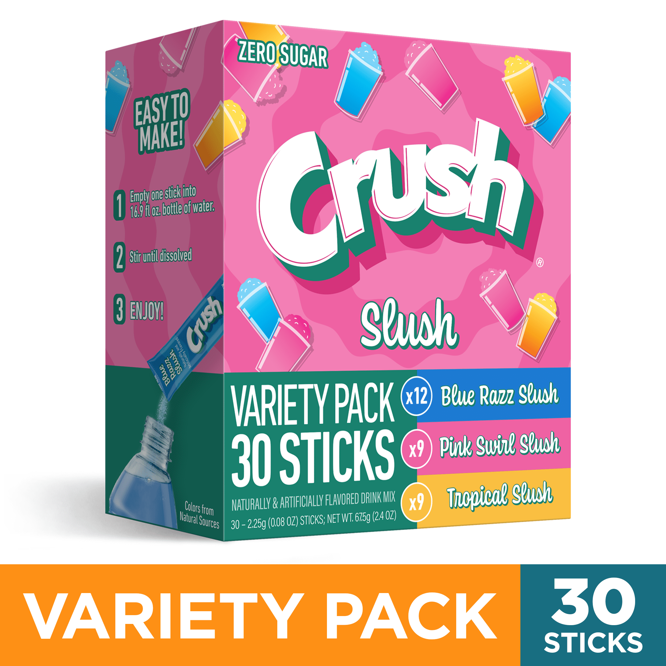 (6 pack) Crush Slush Powder Drink Mix Variety Pack, Blue Razz, Pink Swirl & Tropical, 30 Sticks