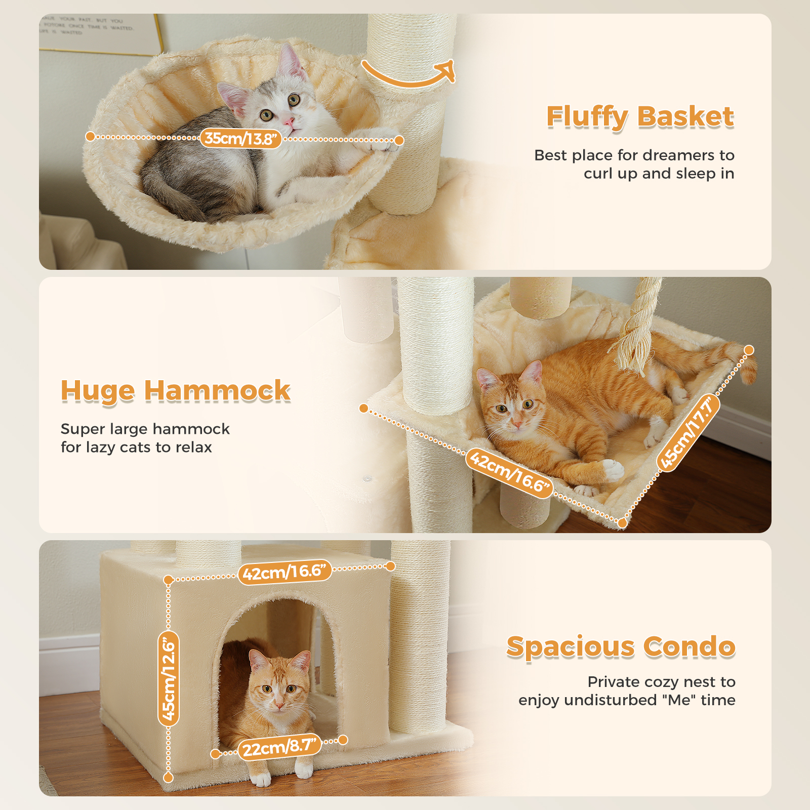 PEQULTI 67" Maine Coon Cat Tree Large Cat Tower for Indoor Cats with 8 Thick Scratching Post Beige