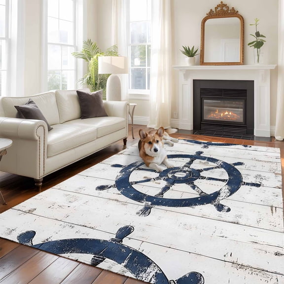 6'x9' Area Rugs, Navy Blue Retro Coastal Indoor Outdoor Area Rug for Living Room Bedroom, Nautical Summer Vintage Rudder Washable Bathroom Rugs Kitchen Floor Carpet Mats Home Decor Aesthetic