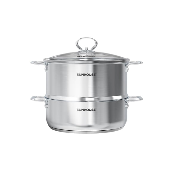 Sunhouse Olla Vaporera De Acero Inoxidable De 2 Niveles Con Tapa - Vaporera Más Grande De 5.5 Qt Y Base De Olla De 3.8 Qt - Lista Para Inducción Compatible Con Todas Las Estufas - Multiusos Para Verdu