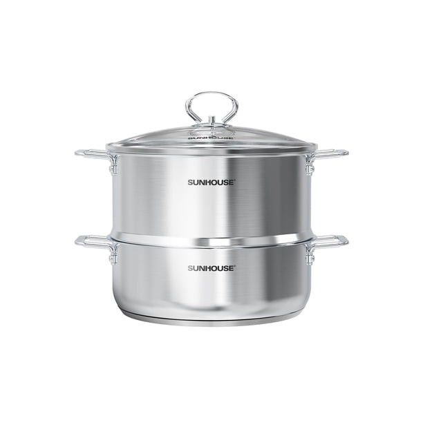 Sunhouse Olla Vaporera De Acero Inoxidable De 2 Niveles Con Tapa - Vaporera Más Grande De 5.5 Qt Y Base De Olla De 3.8 Qt - Lista Para Inducción Compatible Con Todas Las Estufas - Multiusos Para Verdu
