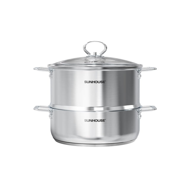 Sunhouse Olla Vaporera De Acero Inoxidable De 2 Niveles Con Tapa - Vaporera Más Grande De 5.5 Qt Y Base De Olla De 3.8 Qt - Lista Para Inducción Compatible Con Todas Las Estufas - Multiusos Para Verdu