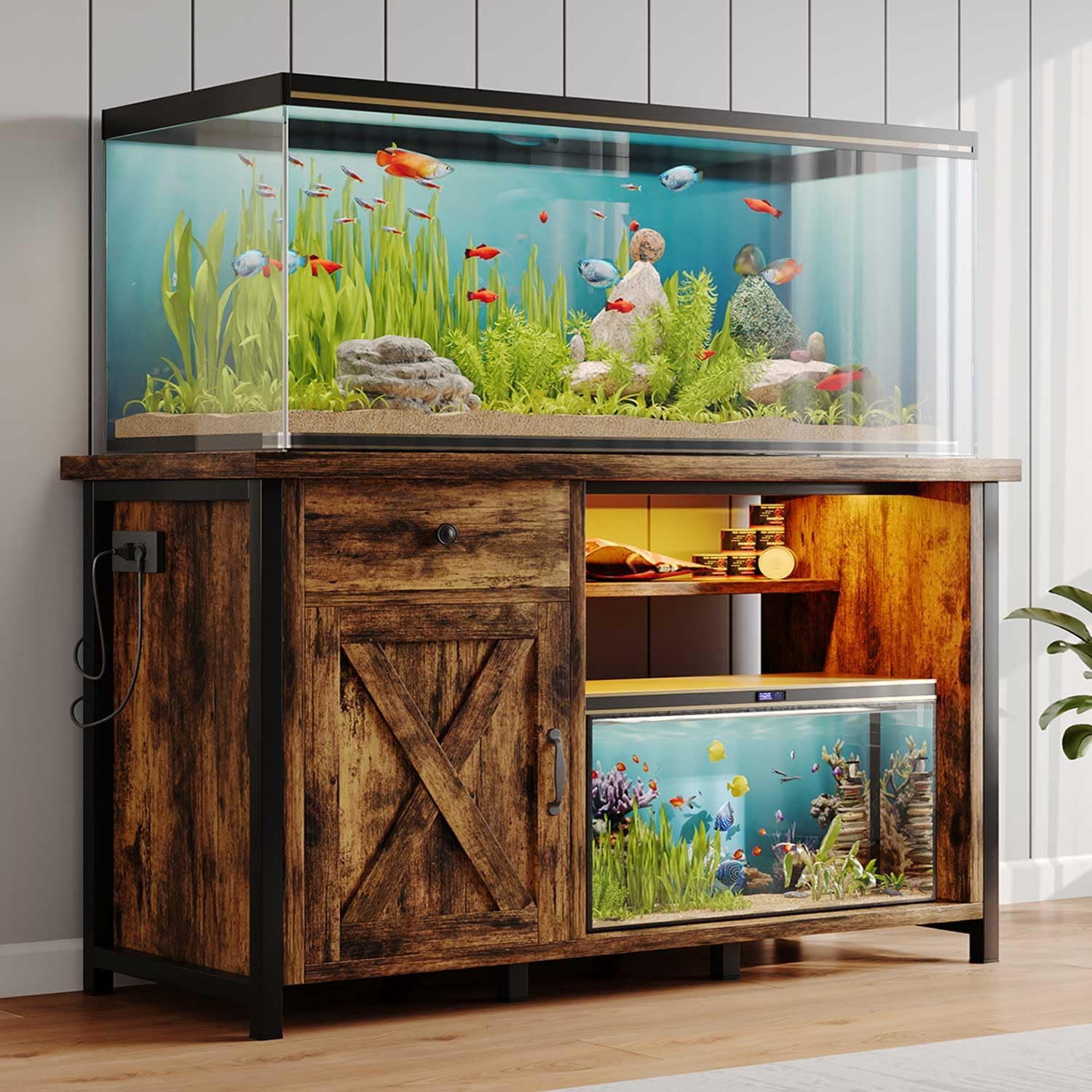 DreamCurship 55-75 Gallon Aquarium Stand with Storage Cabinet & Power Outlets LED Light, Fish Tank Stand with Drawer & Barn Door, Suitable for Fish Tank Stand, Turtle Tank, Reptile Terrarium, Brown