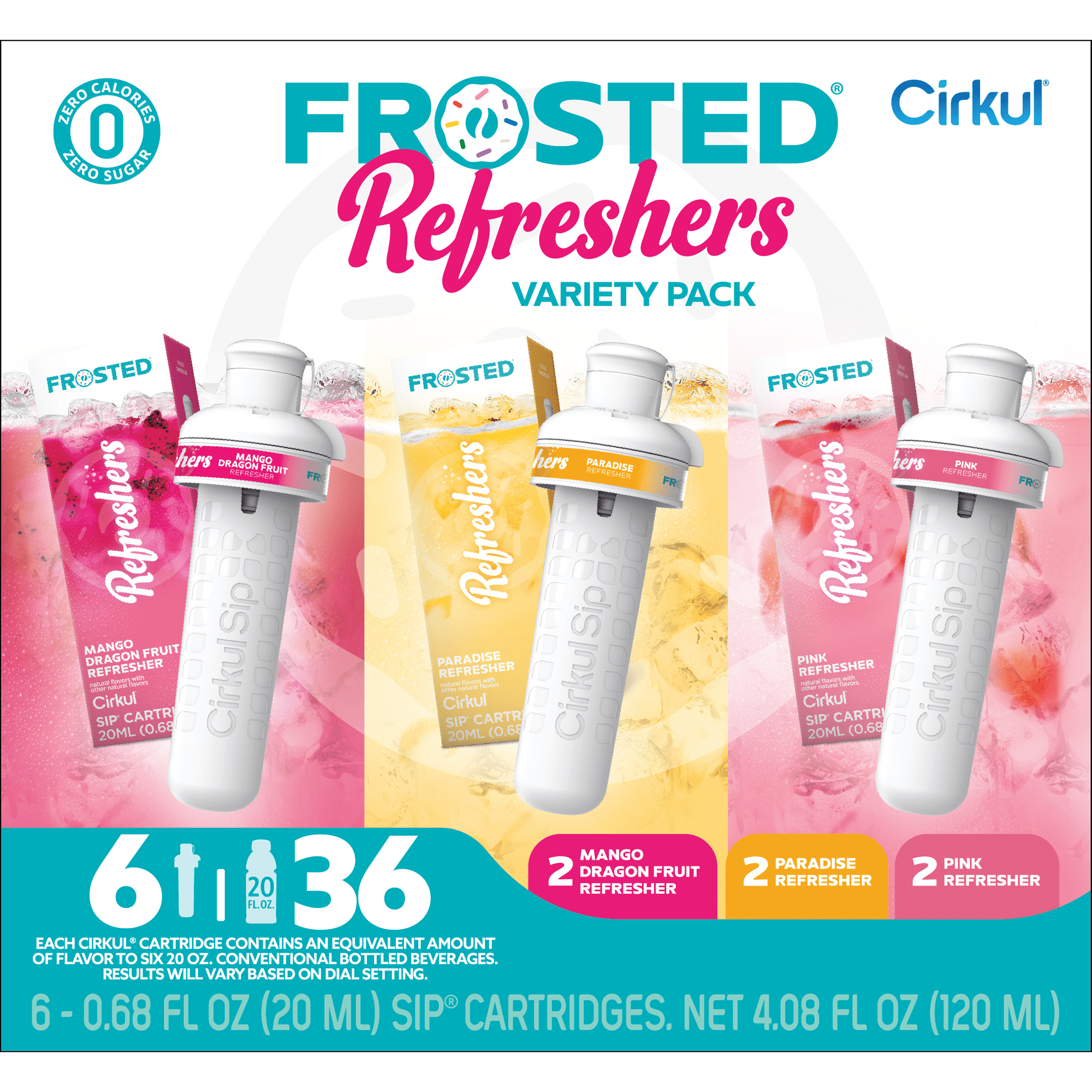 Cirkul Frosted Refreshers Flavor Cartridge Variety Pack, Drink Mix, 6-Pack (2 Pink Refresher, 2 Mango Dragon Fruit Refresher, & 2 Paradise Refresher)
