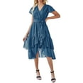 thumbnail image 2 of Liacowi Women Boho Short Sleeve V Neck Dress Casual Ruffle Wrap Swing Beach Sundress Summer Chiffon Party Midi Dress with Belt, 2 of 5