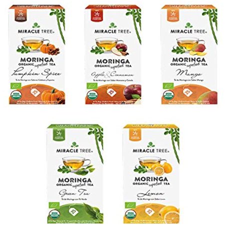 Miracle Tree - Organic Moringa Superfood Tea, 5 Pack Bundle, 5X25 Individually Sealed Tea Bags (Pumpkin Spice, Apple & Cinnamon, Mango, Green Tea, Lemon)
