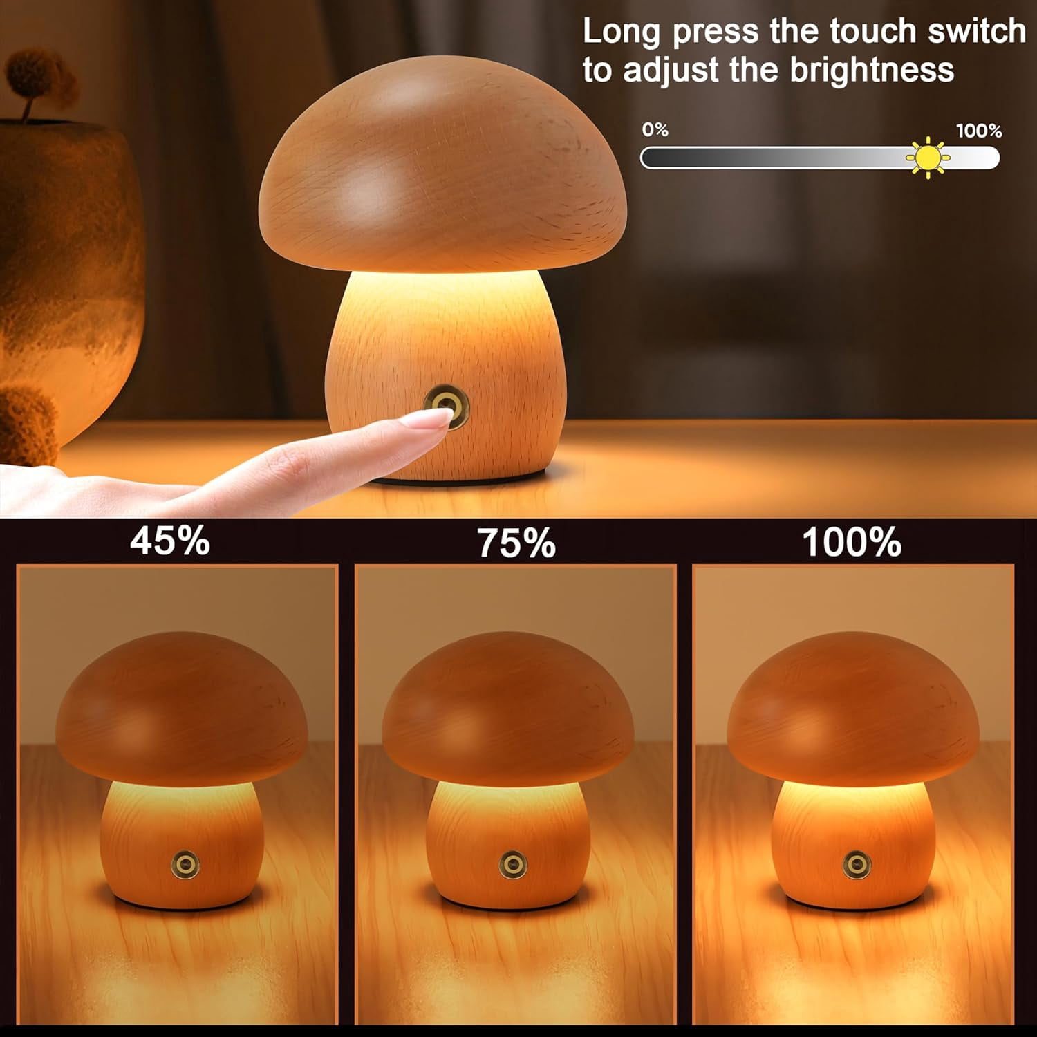 Mushroom Lamp Mushroom Decor:Mushroom Night Light 3 Colors Adjustable Brightness,Wooden Mushroom Light for Bedroom, Living Room and Office Decoration,Rechargeable (A)