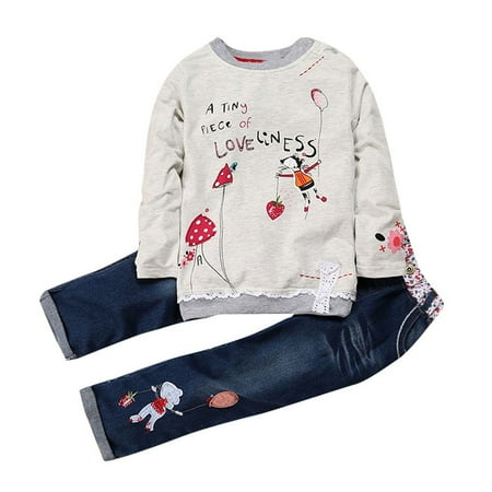 

Toddler Baby Girls Set Cartoon Print Tops Denim Jeans Pants Outfits
