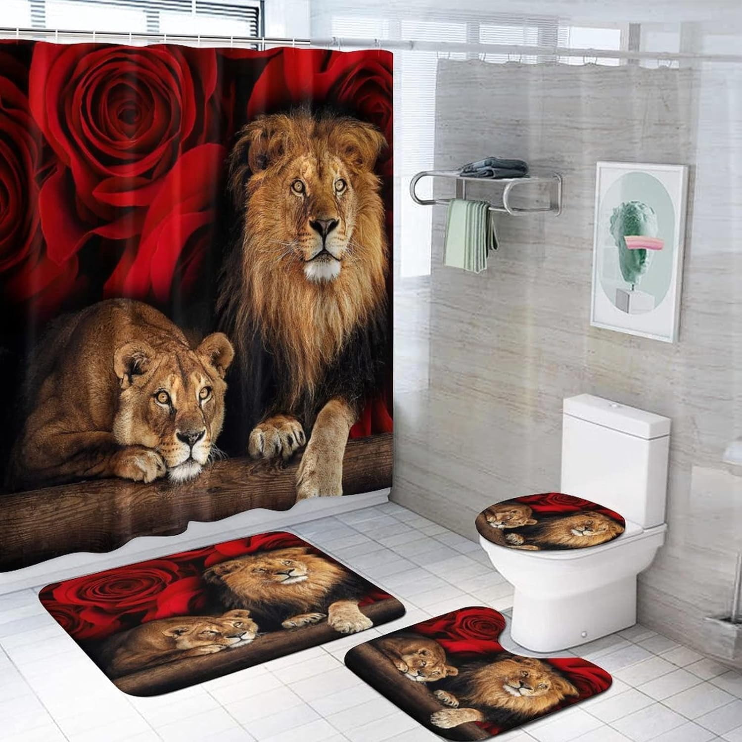 4PCS Red Rose and Lion Shower Curtain Bathroom Set with Rugs, Toilet Lid Cover and Bath Mat, Red Shower Curtain with 12 Hooks, Complete Bathroom Accessories Decor Set