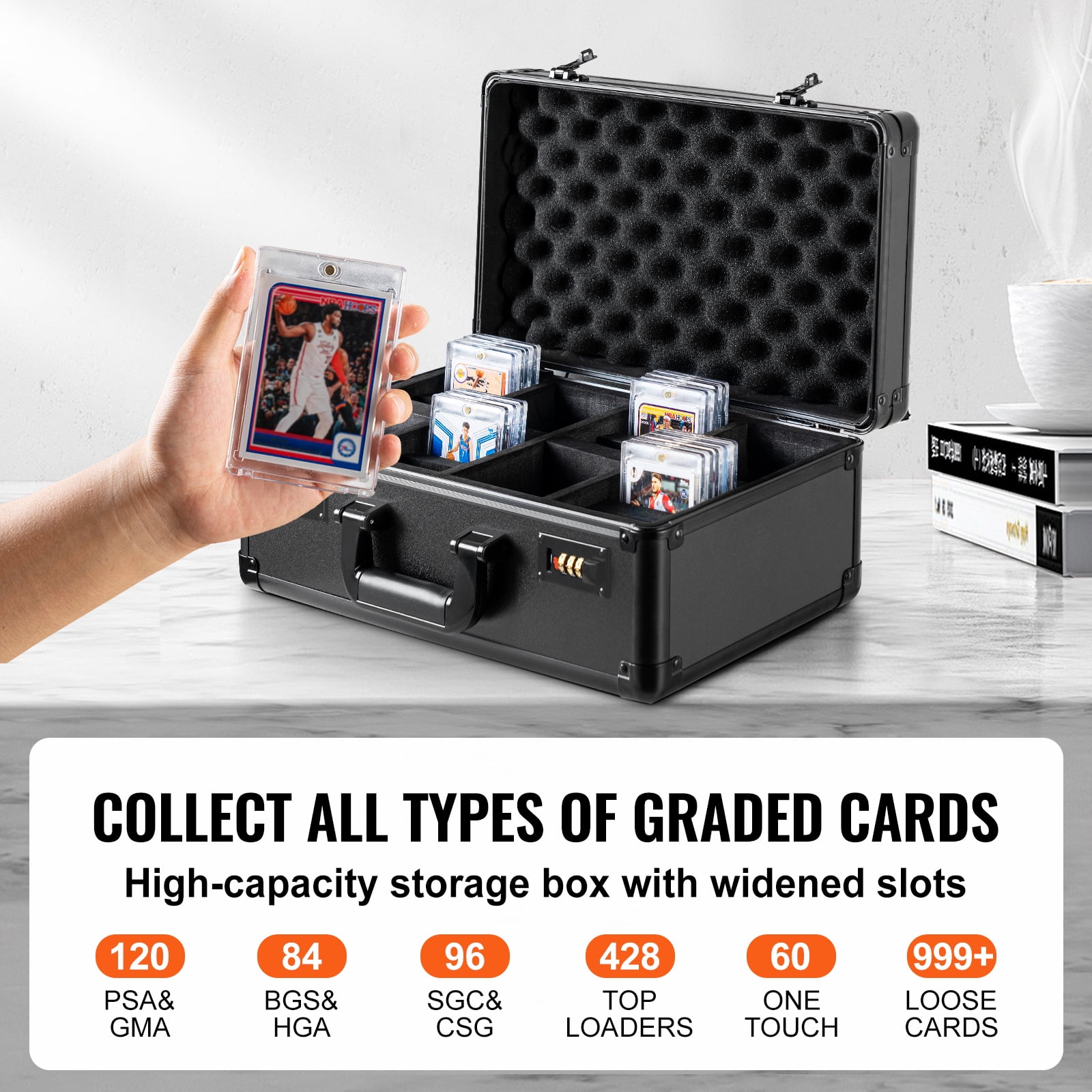 KFFKFF Collector's Card Storage Box with 4 Compartments, Secure Coded Lock, and Adjustable Foam Dividers, Fits 120 PSA, 84 BGS, 96 SGC, 428 Top Loaders, or Over 999 Loose Cards