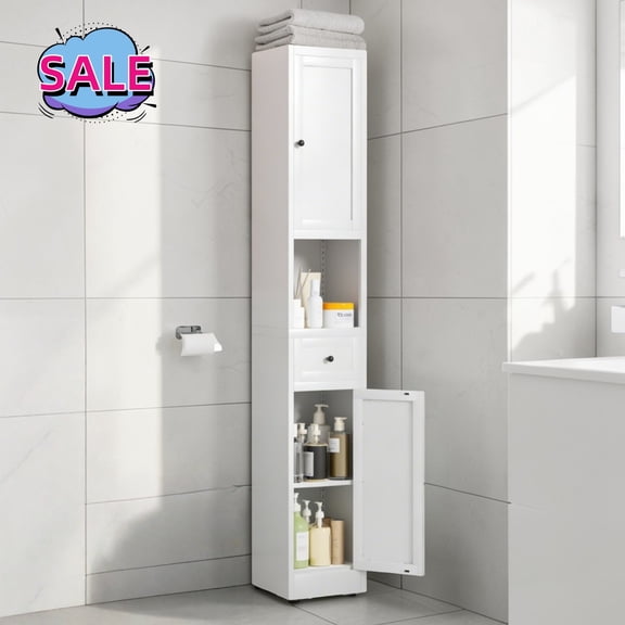 Hassch Tall Bathroom Cabinet with Drawer, 71 Inch Slim Storage Cabinet with Adjustable Shelves and 2 Doors, Narrow Floor Cabinet for Kitchen, Living Room, White