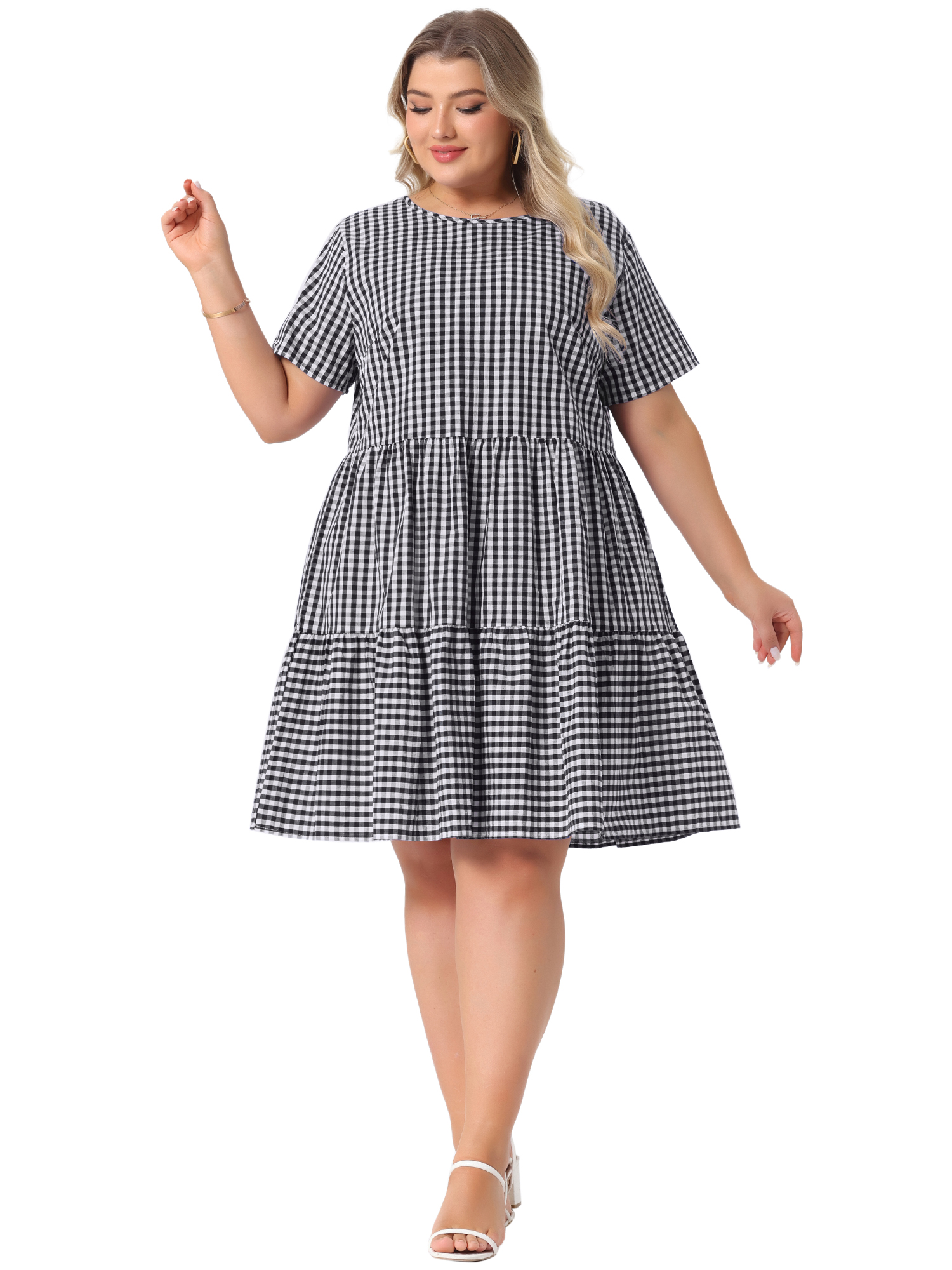 DARING DIVA Women's Plus Size Plaid Round Neck Short Sleeve Midi Dress 4X Black