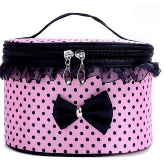 Portable Travel Makeup Organizer for and with Black Bow Polka Pattern Handle Zipper Closure Ruffle and Polyester Tote Storage Pouch for Cosmetics Craft and Personal