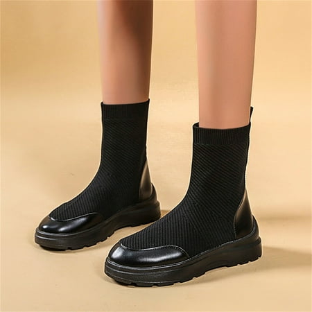 

Ankle Boots Ladies Fashion Solid Color Breathable Knitted Leather Panel Thick Heel Short Boots