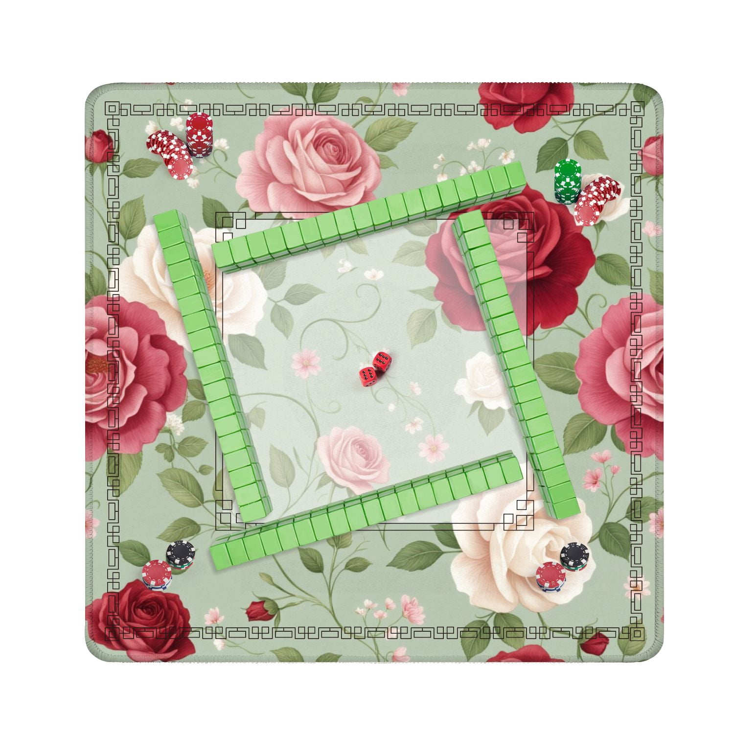 Mahjong Mat 31.5" x 31.5" Vintage Floral Roses Red Pink White Green Non-Slip Noise Reduction American Mahjong Tiles Table Cover for Dominoes Poker Card Board Games Gift