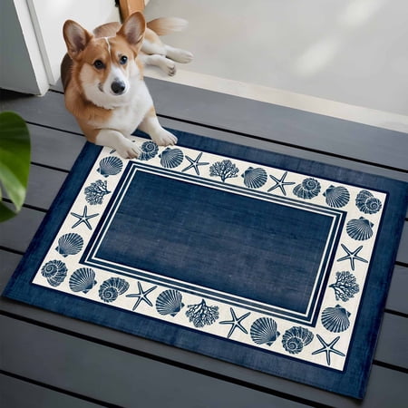 Navy Blue Beach Washable Entry Rug 2x3 Coastal Summer Starfish Shell Coral Nautical Vintage Low Pile Indoor Door Mat with Rubber Backing Thin Area Rug for for Entrance, Bedroom, Kitchen, Bathroom
