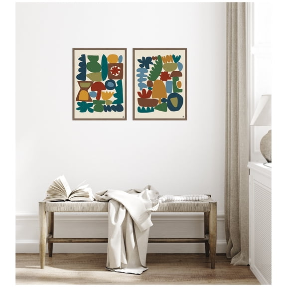 Kate and Laurel Garden Song 2 Piece Framed Canvas Wall Art Set by Kelly Knaga, Sylvie Walnut Modern Contemporary, Abstract Art for Wall Decor