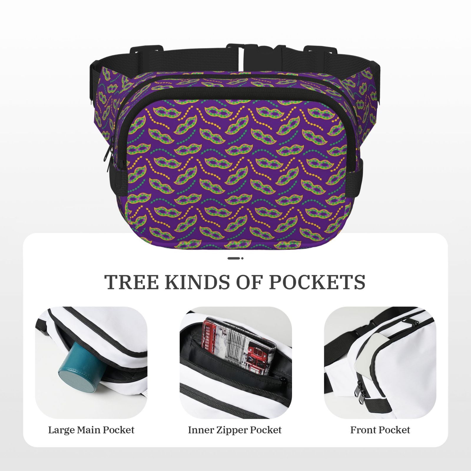 Picia Carnival Masks and Beads Print Square Double-Layer Waist Bag Mini Adjustable Waist Belt Bag Exercise Running Travel Hiking