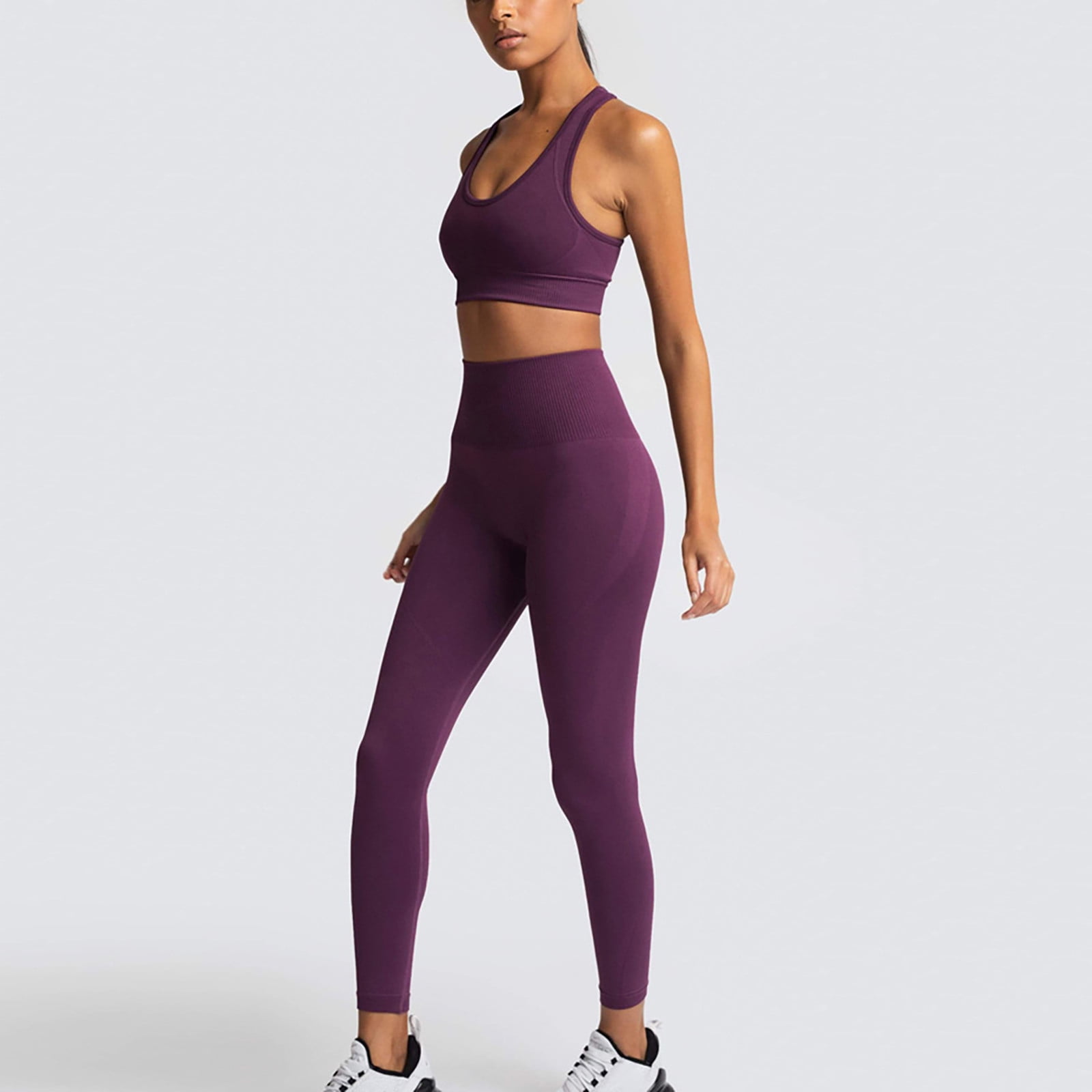 RQYYD Women's Workout Outfit 2 Pieces Seamless High Waist Yoga Leggings  with Long Sleeve Crewneck Crop Top Gym Clothes Set Purple M