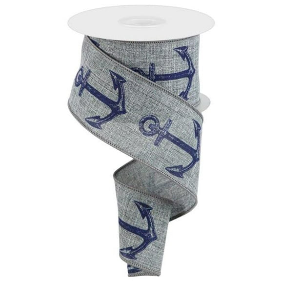 Bold Anchor On Royal Wired Ribbon, Grey Navy - 2.5 Inches x 10 Yards (30 Feet)
