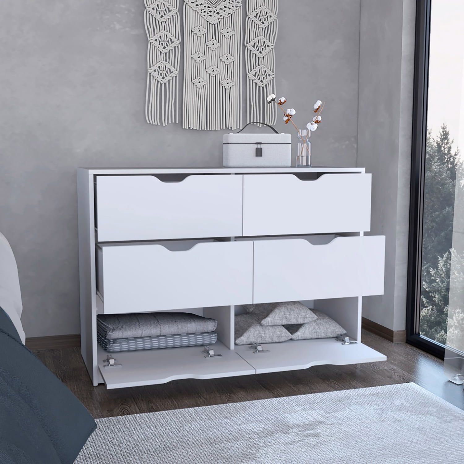 Kadyn 4 Drawers Dresser with 2 Cabinets, White Nursery Dresser for Living Room, Storage Cabinet, 42.20"W Chest of Drawers Kadyn 4 Drawers Dresser with 2 Cabinets, White Nursery Dresser for Living Room, Storage Cabinet, 42.20"W Chest of Drawers