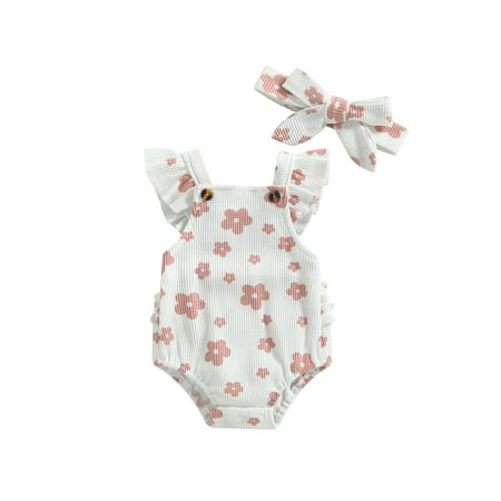 

Baby Girl Clothes Romper Suspender Jumpsuit Set Floral Print Ruffled Flying Sleeve Headband