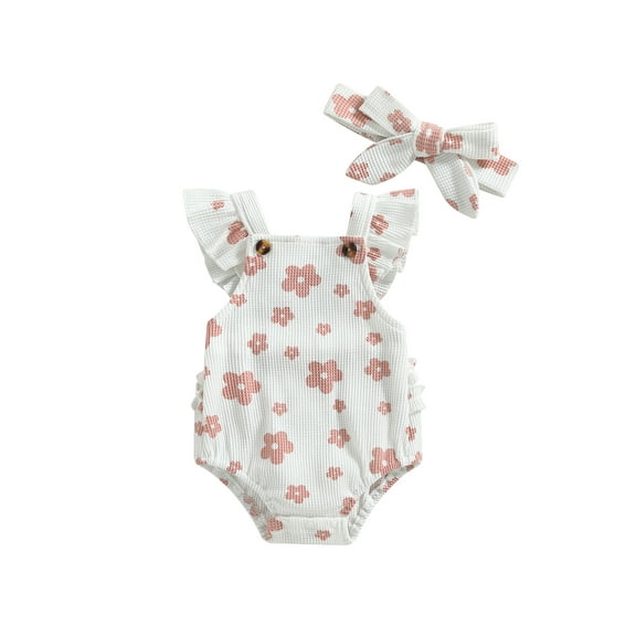 Wassery Newborn Baby Girls Clothes Sets Waffle Floral Print Suspender Bodysuits Flying Sleeve Rompers Headband 2Pcs Summer Set